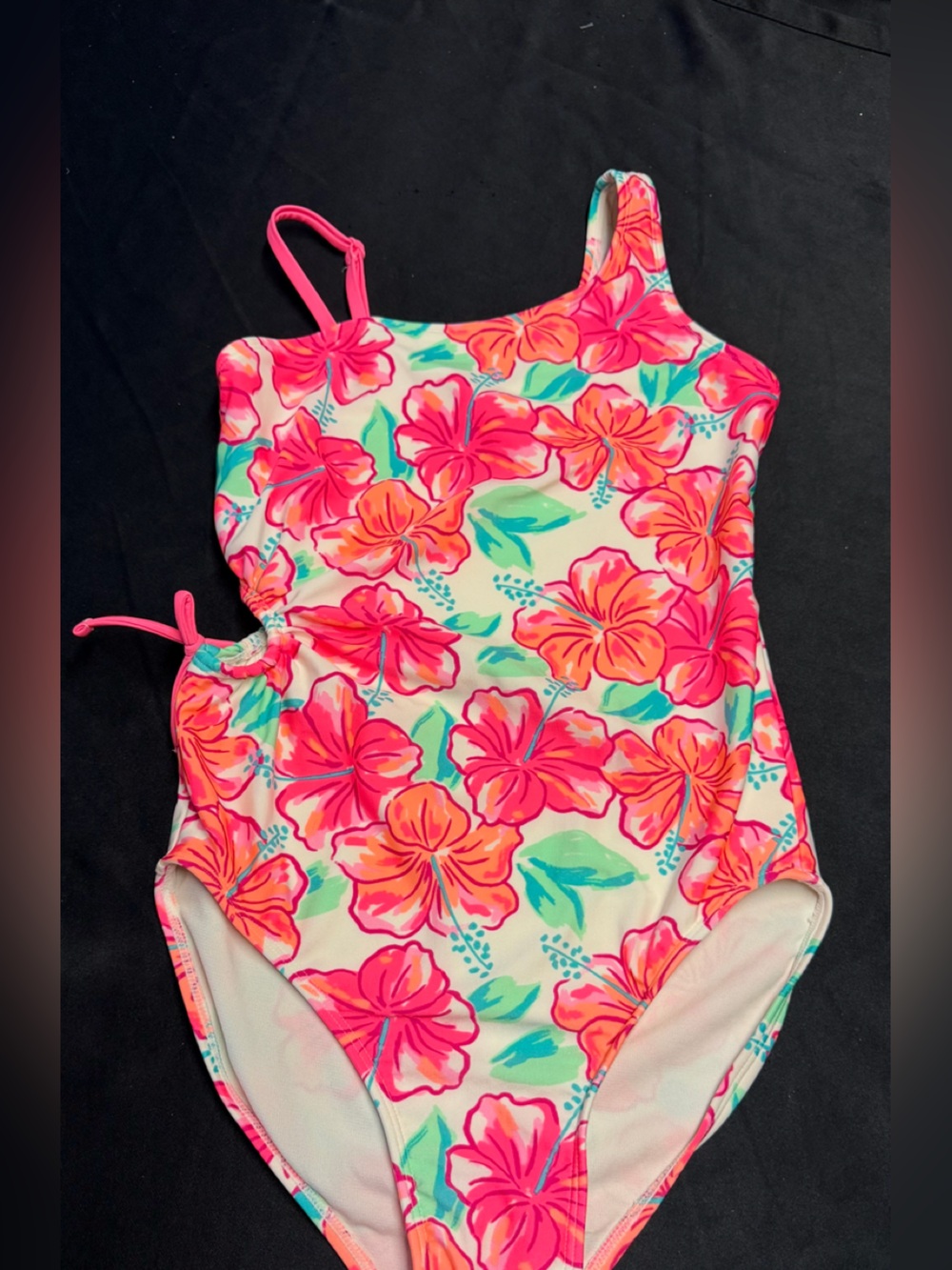 Cat & Jack Girls One-Shoulder Floral Swimsuit in Pink & Teal